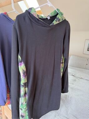 SWOOP. Alaska women owned company black  Hooded Tunic Top with Raven trim